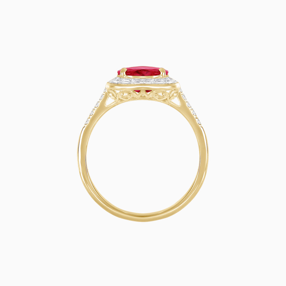 18K Yellow Gold Heart Shape Ruby & Diamond Halo Ring with Fine Hand Milgrain