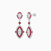 Art Deco Style Platinum Drop Earrings with Tulip Motif, Marquise & Pear Diamonds, and Calibre Rubies