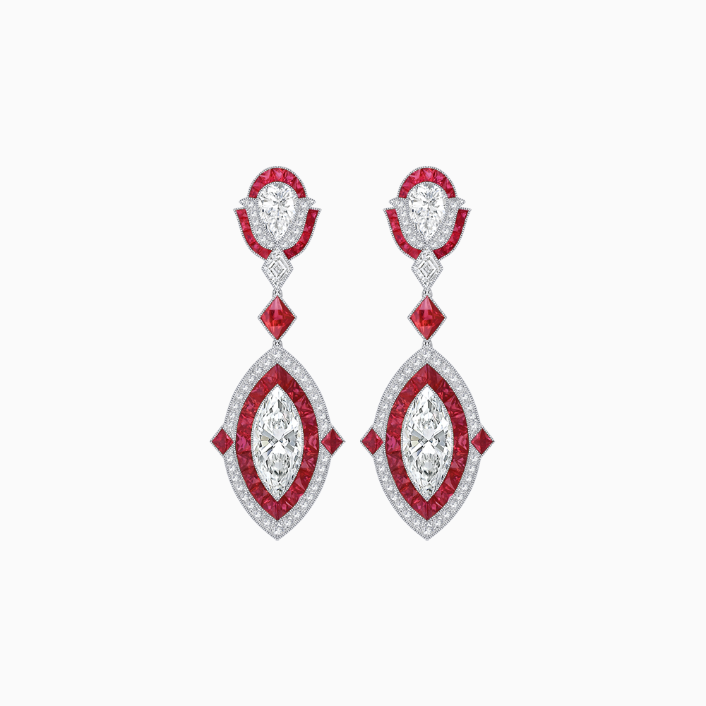 Art Deco Style Platinum Drop Earrings with Tulip Motif, Marquise & Pear Diamonds, and Calibre Rubies