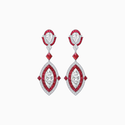 Art Deco Style Platinum Drop Earrings with Tulip Motif, Marquise & Pear Diamonds, and Calibre Rubies
