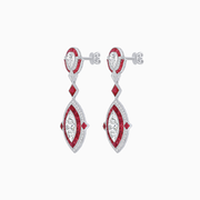 Art Deco Style Platinum Drop Earrings with Tulip Motif, Marquise & Pear Diamonds, and Calibre Rubies