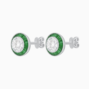 Elegant Platinum (PT950) Round Diamond and Emerald Halo Stud Earrings with Milgrain Detail