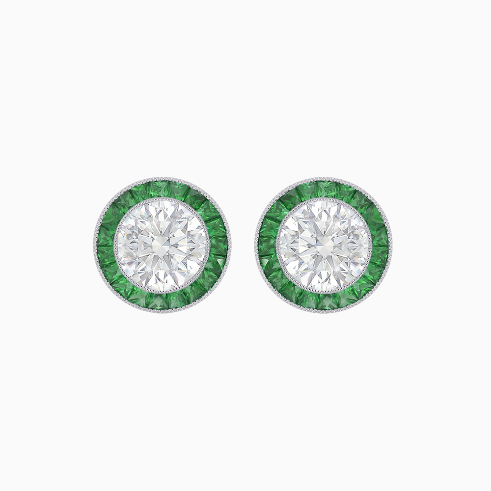 Elegant Platinum (PT950) Round Diamond and Emerald Halo Stud Earrings with Milgrain Detail