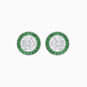 Elegant Platinum (PT950) Round Diamond and Emerald Halo Stud Earrings with Milgrain Detail
