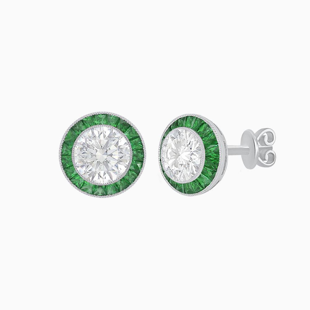 Elegant Platinum (PT950) Round Diamond and Emerald Halo Stud Earrings with Milgrain Detail