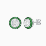 Elegant Platinum (PT950) Round Diamond and Emerald Halo Stud Earrings with Milgrain Detail