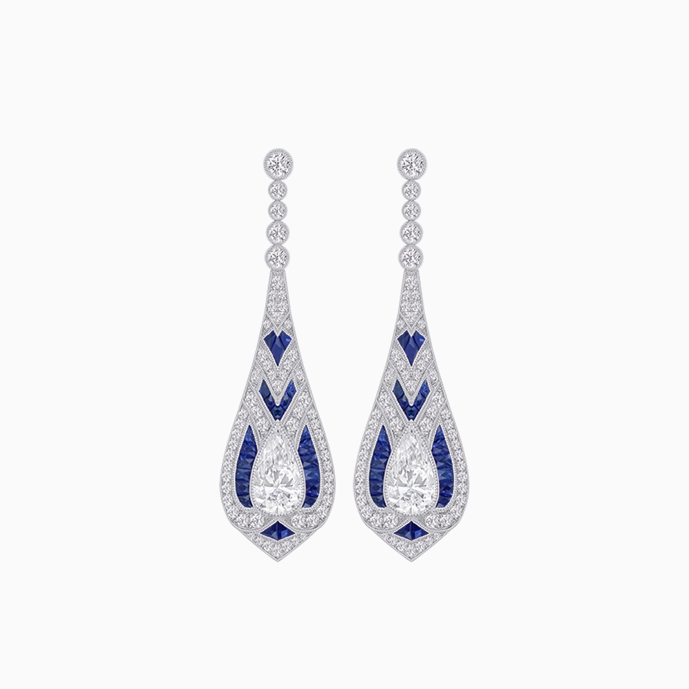 Art Deco Platinum Diamond & Sapphire Pear-Shaped Drop Earrings