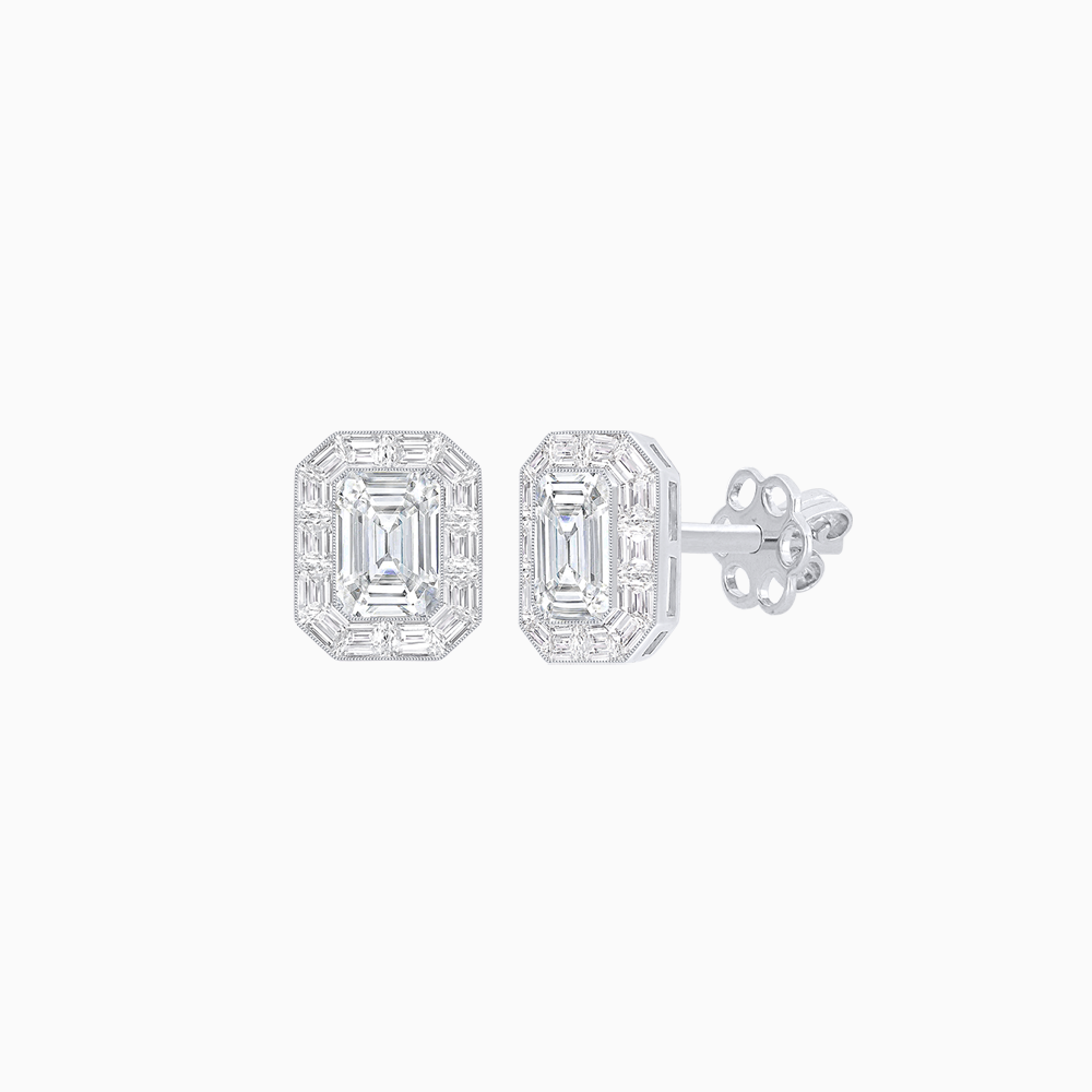 Platinum Emerald-Cut Diamond and Baguette Halo Stud Earrings with GIA Certification
