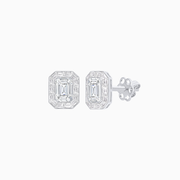 Platinum Emerald-Cut Diamond and Baguette Halo Stud Earrings with GIA Certification