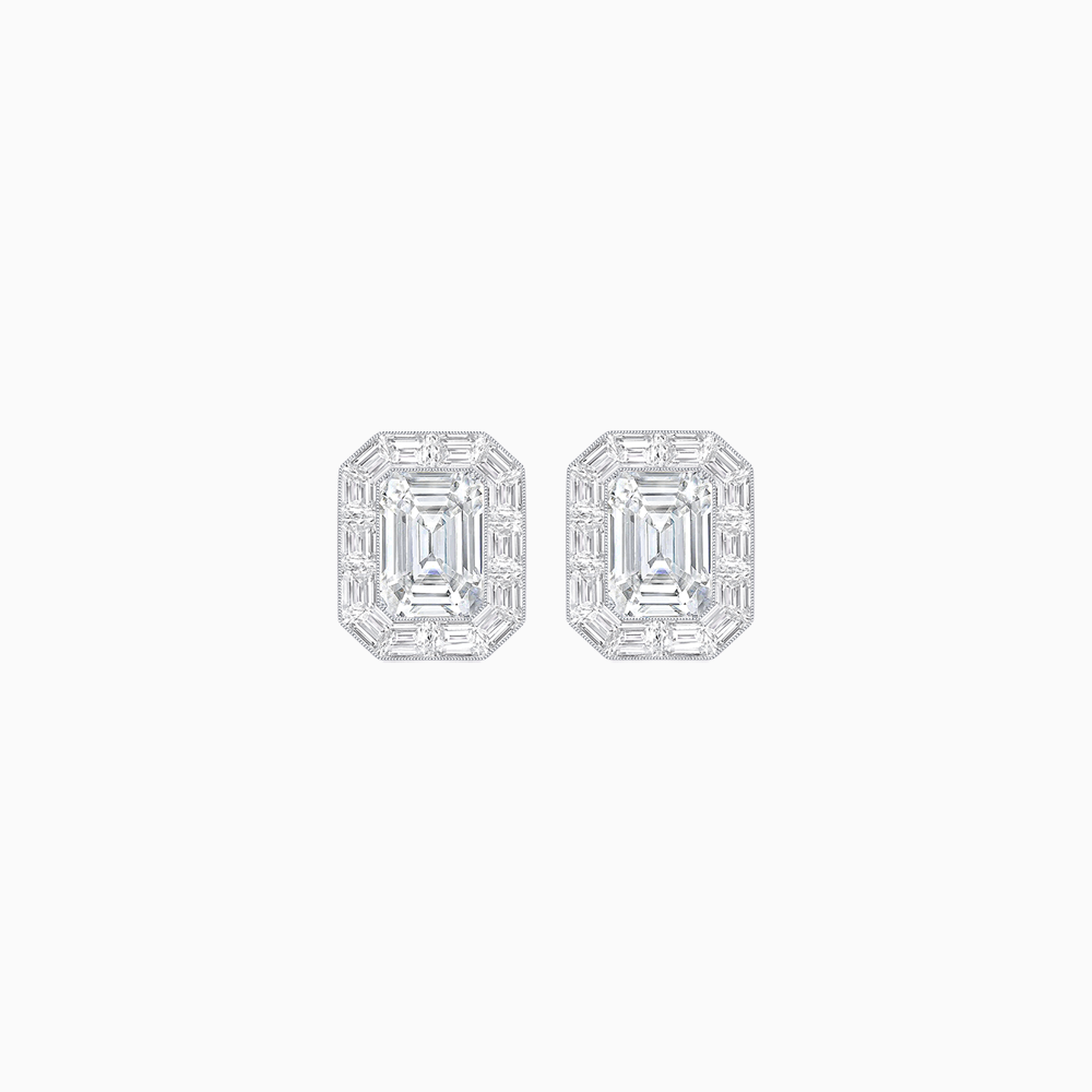 Platinum Emerald-Cut Diamond and Baguette Halo Stud Earrings with GIA Certification
