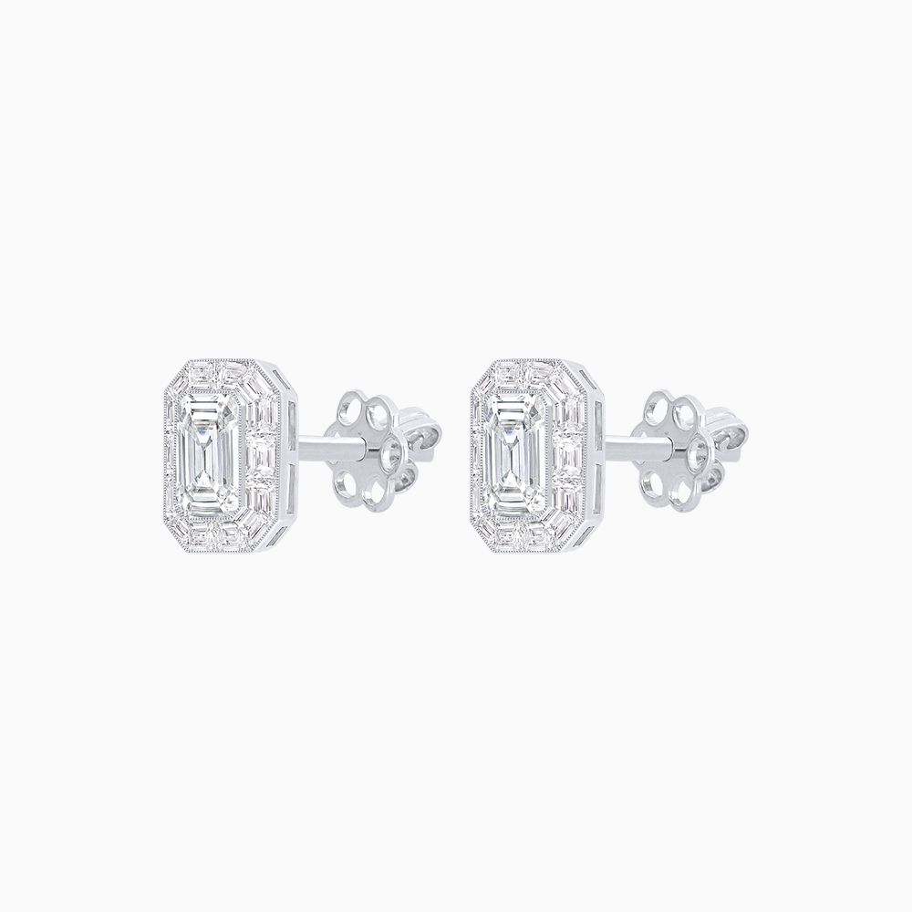 Platinum Emerald-Cut Diamond and Baguette Halo Stud Earrings with GIA Certification