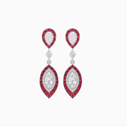 Platinum Drop Earrings with Marquise Diamonds & French Cut Rubies – Vintage-Inspired Masterpiece