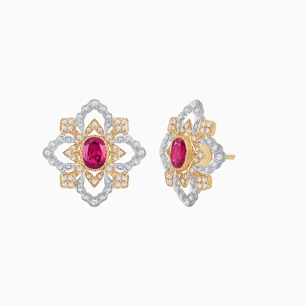18K Yellow & White Gold Ruby and Diamond Floral Stud Earrings