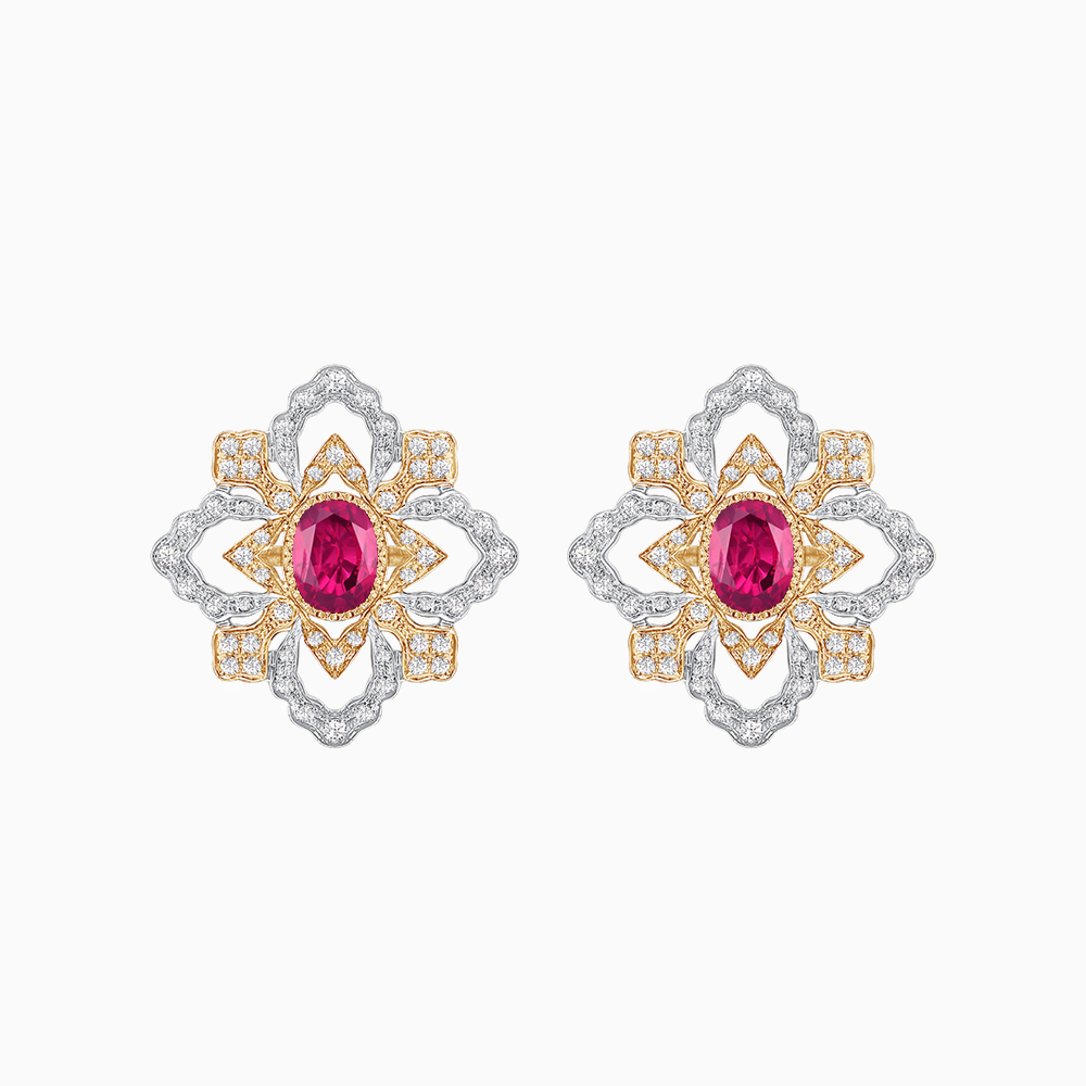 18K Yellow & White Gold Ruby and Diamond Floral Stud Earrings