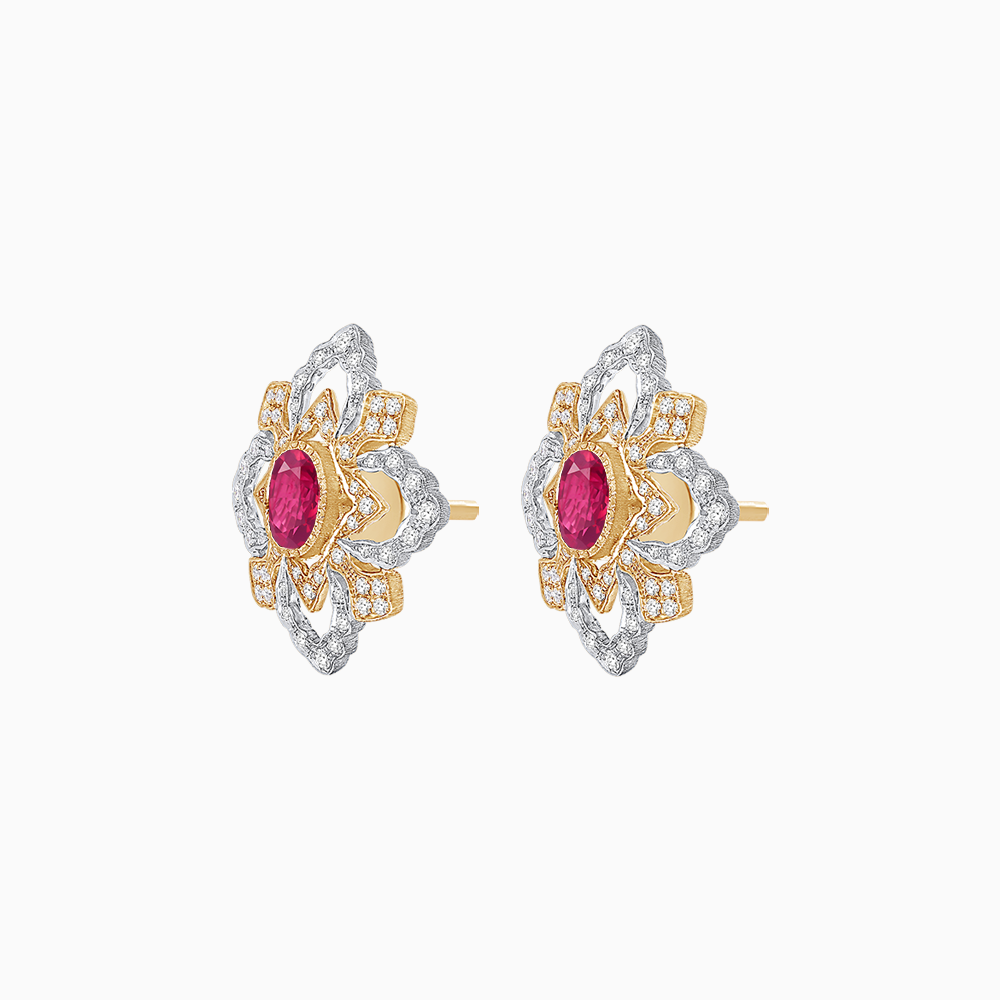 18K Yellow & White Gold Ruby and Diamond Floral Stud Earrings