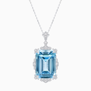 Vintage Inspired Aquamarine Pendant in Platinum 950 with Milgrain and Diamond Accents