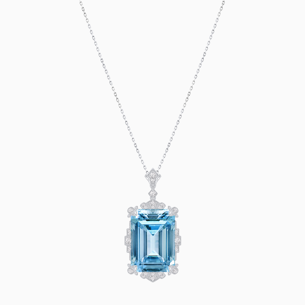 Vintage Inspired Aquamarine Pendant in Platinum 950 with Milgrain and Diamond Accents