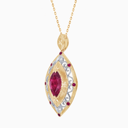 18K Yellow & White Gold Marquise Ruby and Diamond Filigree Pendant Necklace