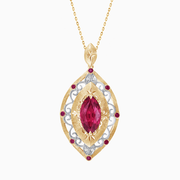 18K Yellow & White Gold Marquise Ruby and Diamond Filigree Pendant Necklace