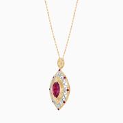 18K Yellow & White Gold Marquise Ruby and Diamond Filigree Pendant Necklace
