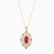 18K Yellow & White Gold Marquise Ruby and Diamond Filigree Pendant Necklace