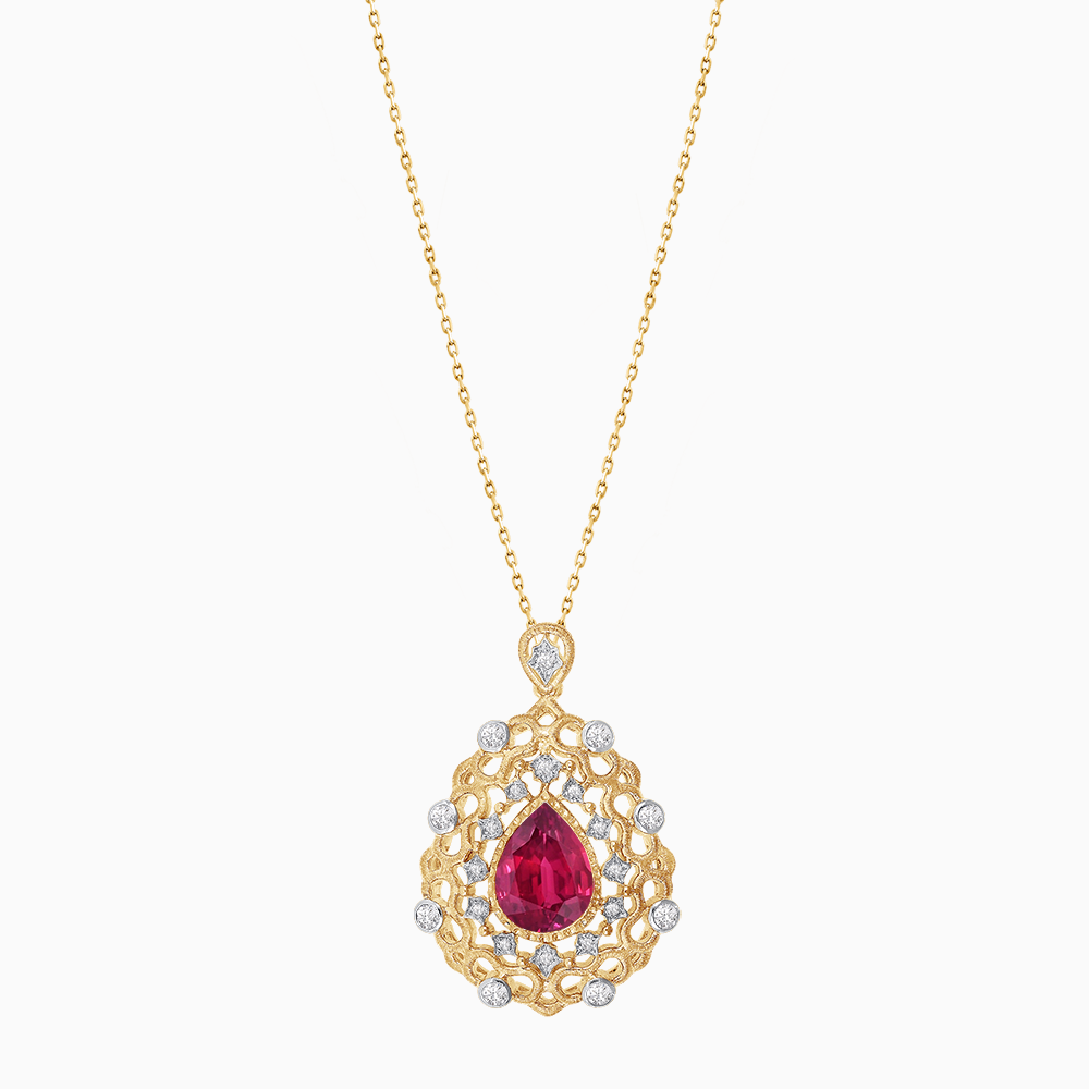 18K Yellow & White Gold Ruby and Diamond Pendant Necklace