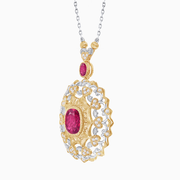 18K Yellow & White Gold Ruby and Diamond Filigree Pendant Necklace