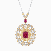 18K Yellow & White Gold Ruby and Diamond Filigree Pendant Necklace