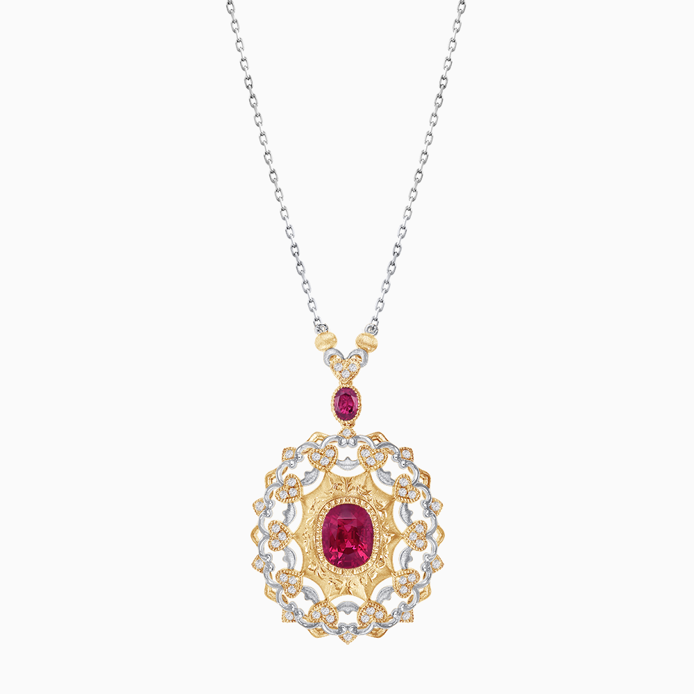 18K Yellow & White Gold Ruby and Diamond Filigree Pendant Necklace