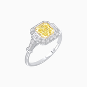 Emerald Cut Fancy Yellow Diamond Ring with Diamond Halo and Fine Milgrain