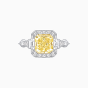 Emerald Cut Fancy Yellow Diamond Ring with Diamond Halo and Fine Milgrain