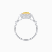 Emerald Cut Fancy Yellow Diamond Ring with Diamond Halo and Fine Milgrain