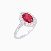 Vintage-Inspired Oval Ruby Ring in Platinum (PT950) with Brilliant Round & Baguette Diamonds and Exquisite Milgrain Detail