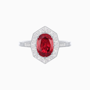 Vintage-Inspired Oval Ruby Ring in Platinum (PT950) with Brilliant Round & Baguette Diamonds and Exquisite Milgrain Detail