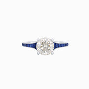 Timeless Spark: Round Diamond & Blue Sapphire Platinum Ring (1.56 CT VS1 Diamond)