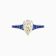Pear-Shaped Diamond & Blue Sapphire Tapered Ring in Platinum 950 (1.01 CT Center Stone)
