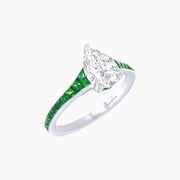 Pear-Shaped Diamond & Emerald Tapered Ring in Platinum 950 (1.10 CT Center, Handcrafted Detail)