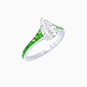 Pear-Shaped Diamond & Tsavorite Tapered Ring in Platinum 950 (1.00 CT Center, Handcrafted Detail)