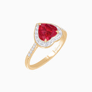 18K Yellow Gold Heart Shape Ruby & Diamond Halo Ring with Fine Hand Milgrain