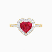 18K Yellow Gold Heart Shape Ruby & Diamond Halo Ring with Fine Hand Milgrain