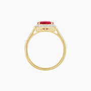 18K Yellow Gold Heart Shape Ruby & Diamond Halo Ring with Fine Hand Milgrain