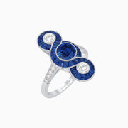 Art Deco–Inspired Platinum Three-Stone Sapphire & Diamond Dress Ring with Handcrafted Milgrain