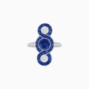 Art Deco–Inspired Platinum Three-Stone Sapphire & Diamond Dress Ring with Handcrafted Milgrain