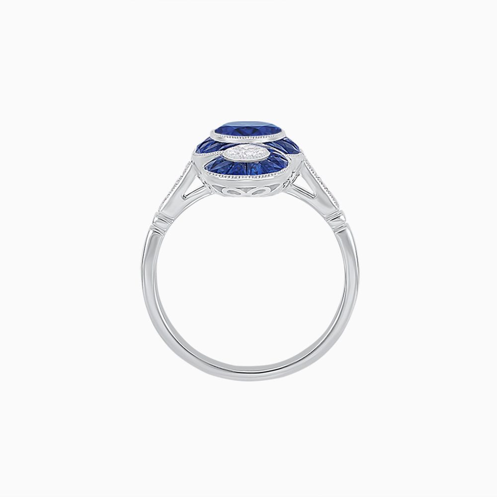 Art Deco–Inspired Platinum Three-Stone Sapphire & Diamond Dress Ring with Handcrafted Milgrain