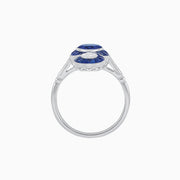Art Deco–Inspired Platinum Three-Stone Sapphire & Diamond Dress Ring with Handcrafted Milgrain