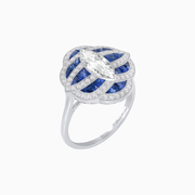Ocean Wave-Inspired Marquise Diamond and Blue Sapphire Ring in Platinum 950 – 0.79 CT Center