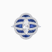 Ocean Wave-Inspired Marquise Diamond and Blue Sapphire Ring in Platinum 950 – 0.79 CT Center