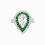Platinum Pear-Shape Diamond and Emerald Double Halo Ring with GIA Certification