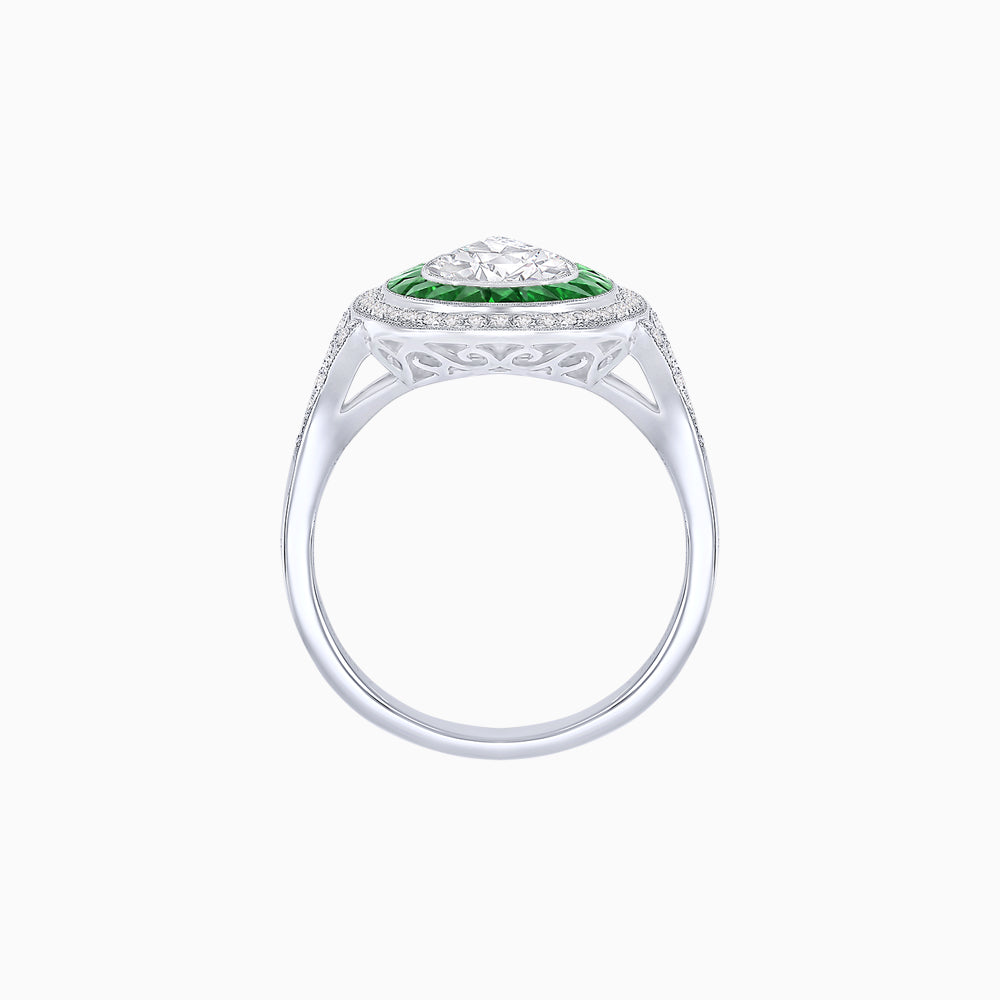 Platinum Pear-Shape Diamond and Emerald Double Halo Ring with GIA Certification