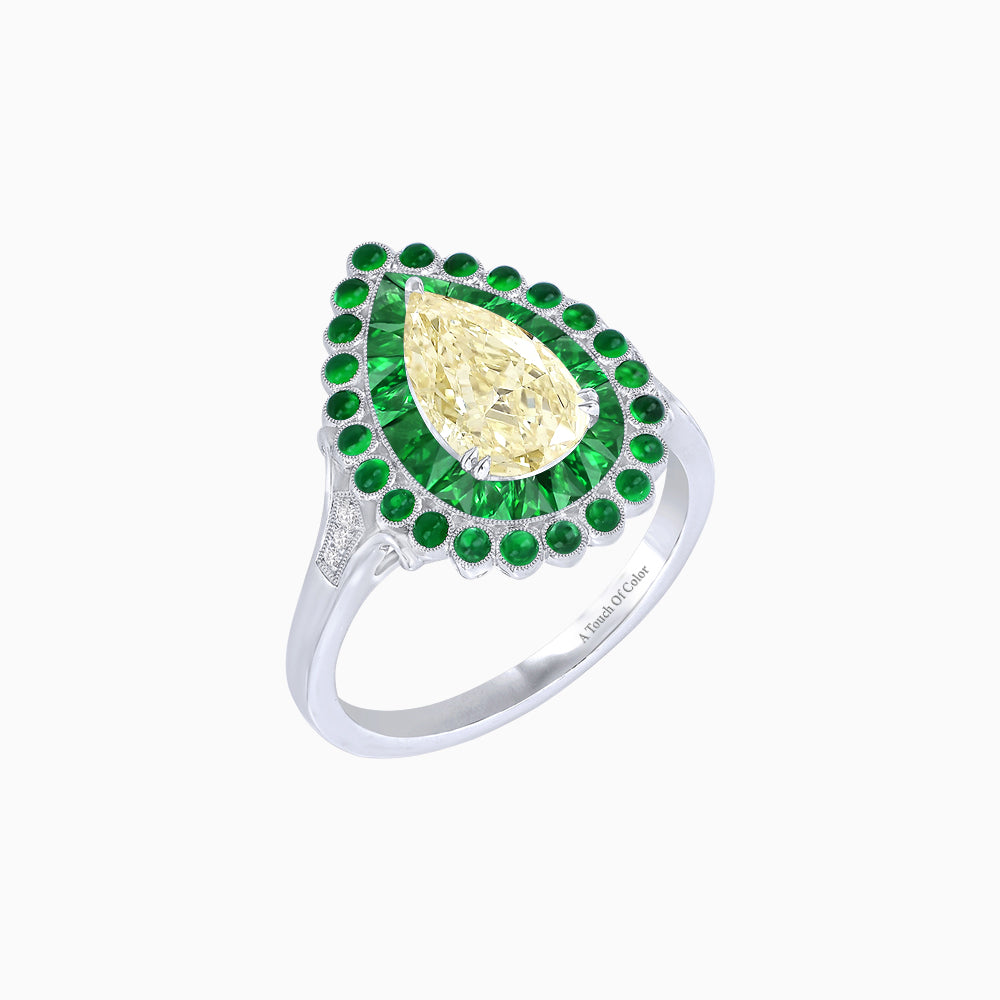 Pear-Shaped Yellow Diamond & Emerald Halo Ring in Platinum 950 with Cabochon Agate Accents